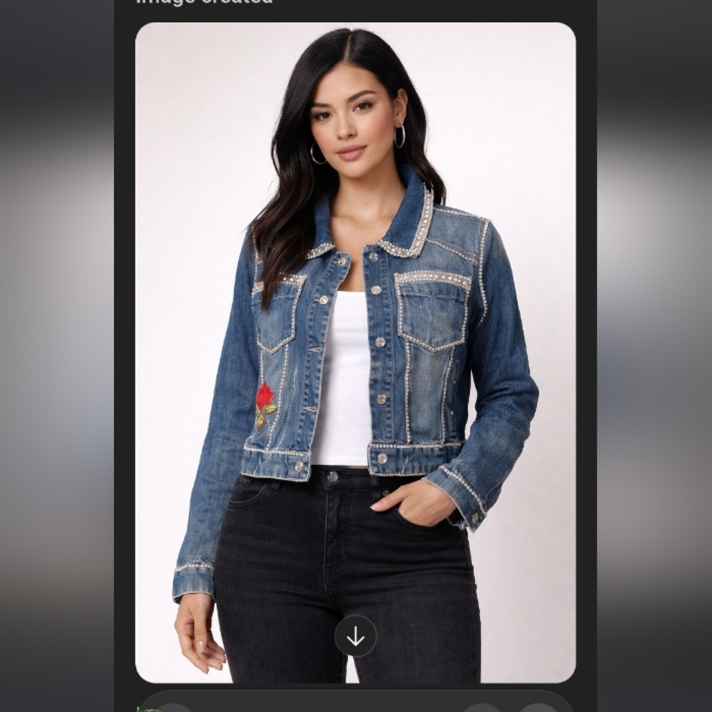 Short & Sexy Series Rhinestone Denim Jacket XL Rose Embroidered Cropped